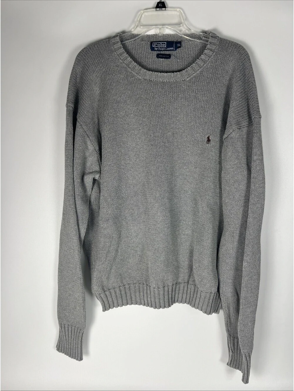 Polo Ralph Lauren Cotton Gray Knit Crewneck Sweater Brown Pony XLarge